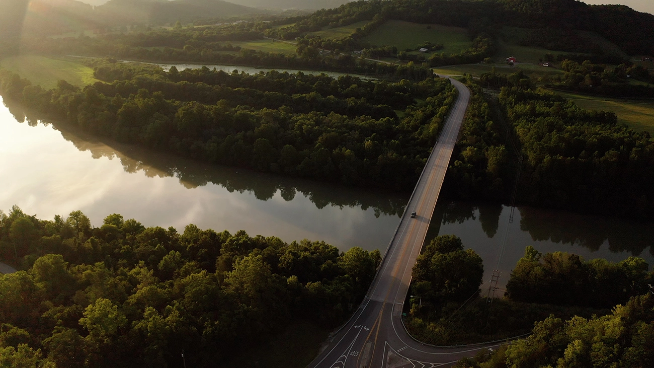 Aerial view of river and landscape near Gainesboro
